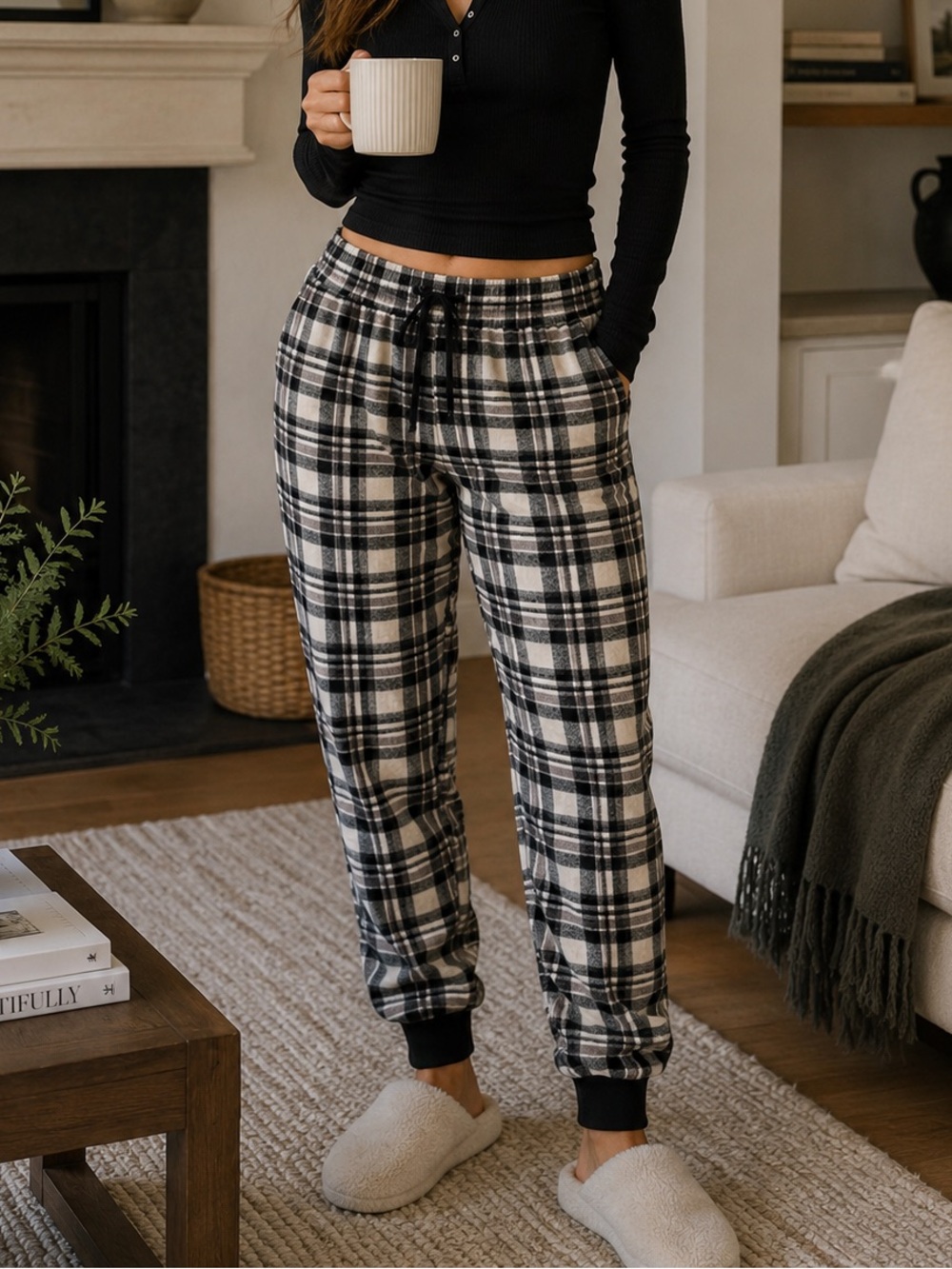LB Adult Black & White Plaid Flannel Jogger Pants